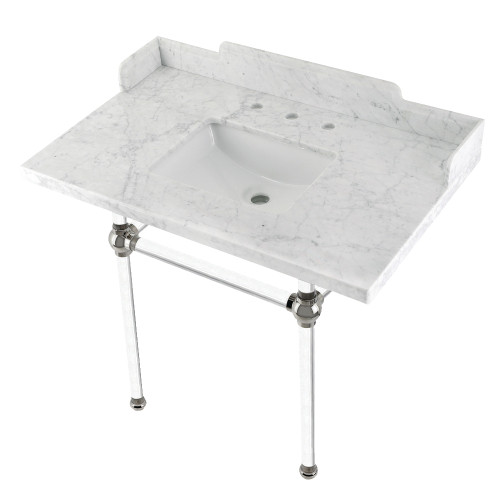 Kingston Brass LMS3630MASQ6 Pemberton 36" Carrara Marble Console Sink with Acrylic Legs, Marble White/Polished Nickel