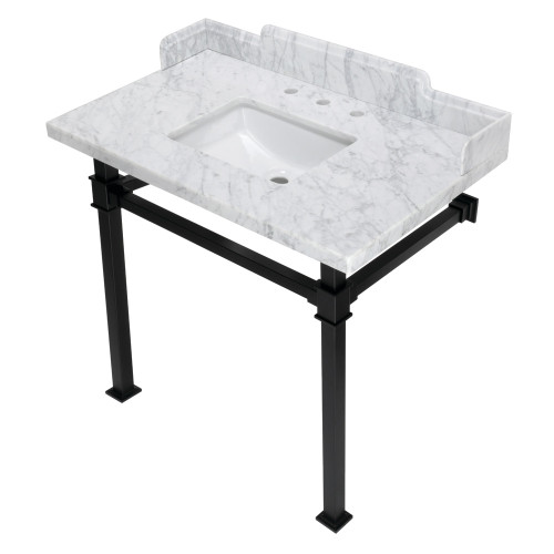 Kingston Brass LMS36MSQ0 Viceroy 36" Carrara Marble Console Sink with Stainless Steel Legs, Marble White/Matte Black