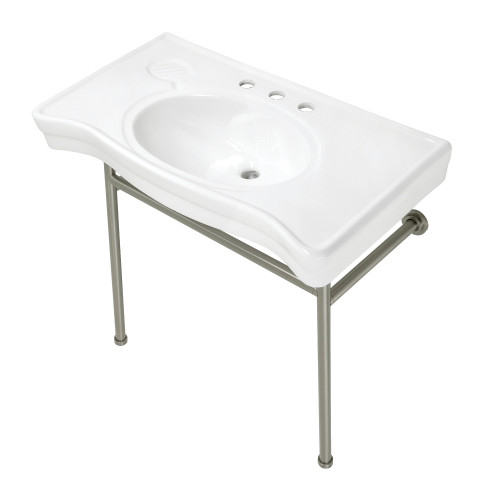 Kingston Brass Fauceture VPB28140W88 Bristol 36" Ceramic Console Sink with Stainless Steel Legs, White/Brushed Nickel