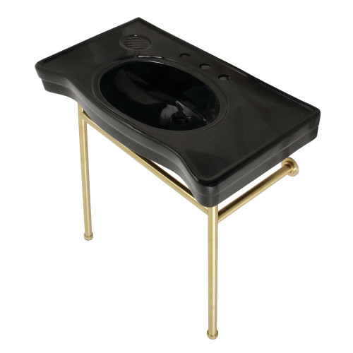 Kingston Brass Fauceture VPB28140W87K Bristol 36" Ceramic Console Sink with Stainless Steel Legs, Black/Brushed Brass