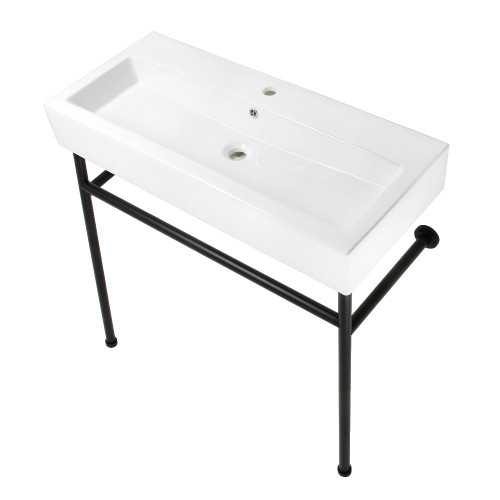 Kingston Brass Fauceture VPB39170ST New Haven 39" Porcelain Console Sink with Stainless Steel Legs (Single-Hole), White/Matte Black