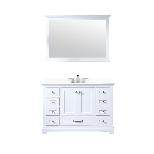 Lexora Dukes 48" White Single Vanity Cabinet, White Quartz Top, White Square Sink and 46" Mirror w/ Faucet