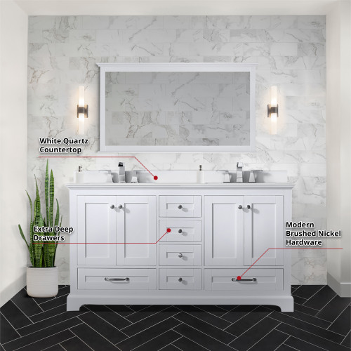 Lexora LD342260DAWQM58F Dukes 60" White Double Vanity Cabinet, White Quartz Top, White Square Sinks and 58" Mirror w/ Faucets