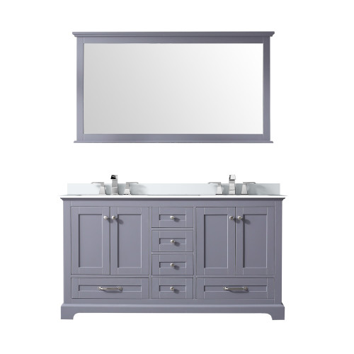 Lexora LD342260DBWQM58F Dukes 60" Dark Grey Double Vanity Cabinet, White Quartz Top, White Square Sinks and 58" Mirror w/ Faucets