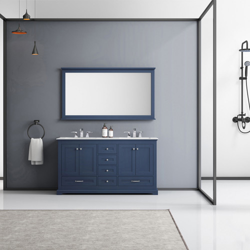 Lexora  LD342260DEWQM58 Dukes 60" Navy Blue Double Vanity, White Quartz Top, White Square Sinks and 58" Mirror