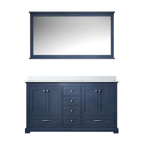 Lexora Dukes 60" Navy Blue Double Vanity Cabinet, White Quartz Top, White Square Sinks and 58" Mirror