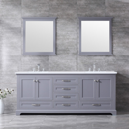 Lexora  LD342280DBWQM30F Dukes 80" Dark Grey Double Vanity, White Quartz Top, White Square Sinks and 30" Mirrors w/ Faucets