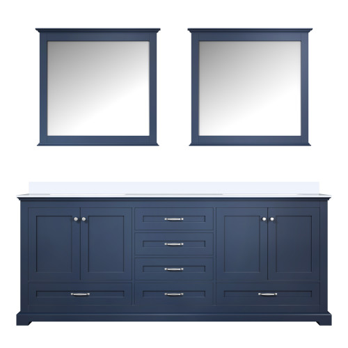 Lexora Dukes 80" Navy Blue Double Vanity Cabinet, White Quartz Top, White Square Sinks and 30" Mirrors