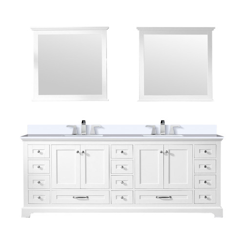 Lexora LD342284DAWQM34F Dukes 84" White Double Vanity Cabinet, White Quartz Top, White Square Sinks and 34" Mirrors w/ Faucets