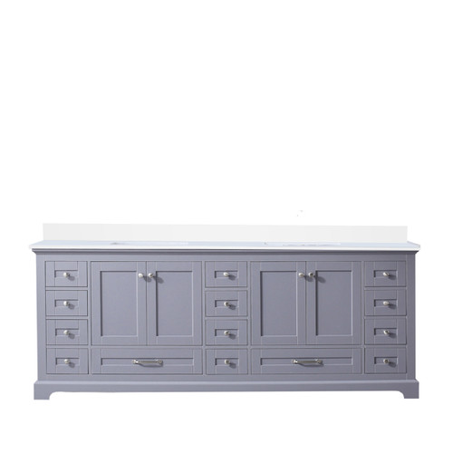 Lexora Dukes 84" Dark Grey Double Vanity Cabinet, White Quartz Top, White Square Sinks and no Mirror