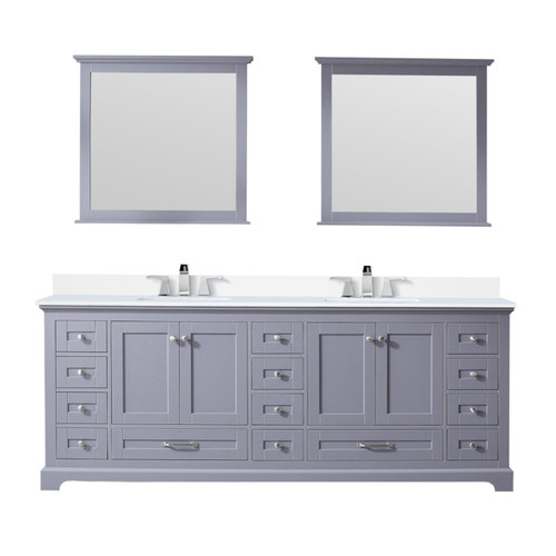 Lexora LD342284DBWQM34F Dukes 84" Dark Grey Double Vanity Cabinet, White Quartz Top, White Square Sinks and 34" Mirrors w/ Faucets