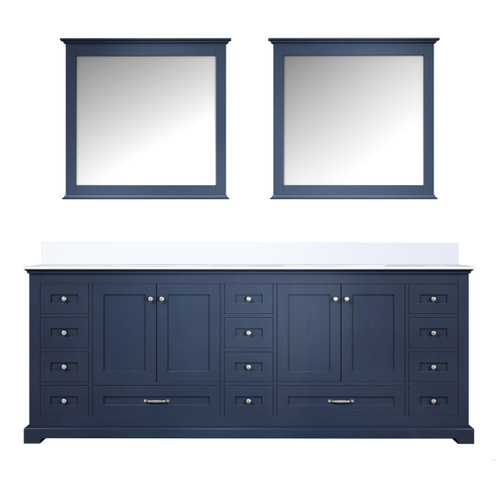 Lexora LD342284DEWQM34 Dukes 84" Navy Blue Double Vanity Cabinet, White Quartz Top, White Square Sinks and 34" Mirrors