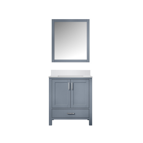 Lexora Jacques 30" Dark Grey Single Vanity Cabinet, White Quartz Top, White Square Sink and 28" Mirror