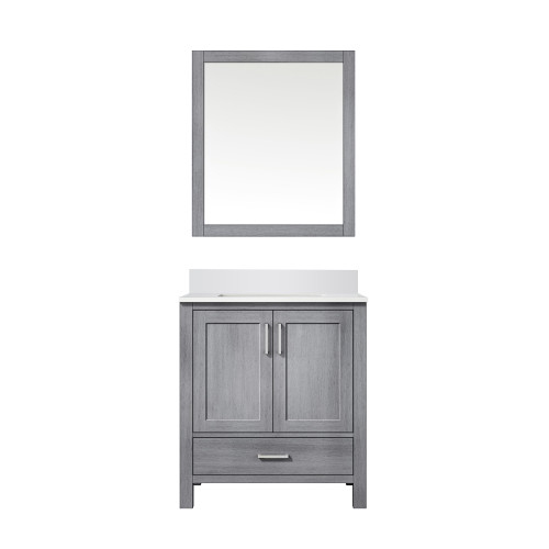 Lexora LJ342230SDWQM28 Jacques 30" Distressed Grey Single Vanity Cabinet, White Quartz Top, White Square Sink and 28" Mirror
