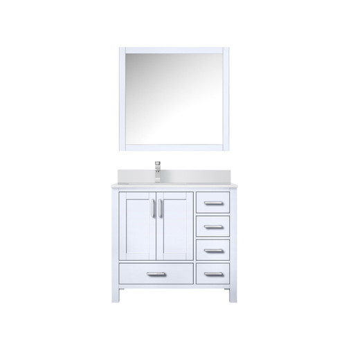 Lexora LJ342236SAWQM34FL Jacques 36" White Single Vanity Cabinet, White Quartz Top, White Square Sink and 34" Mirror w/ Faucet - Left Version