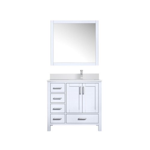Lexora LJ342236SAWQM34FR Jacques 36" White Single Vanity Cabinet, White Quartz Top, White Square Sink and 34" Mirror w/ Faucet - Right Version