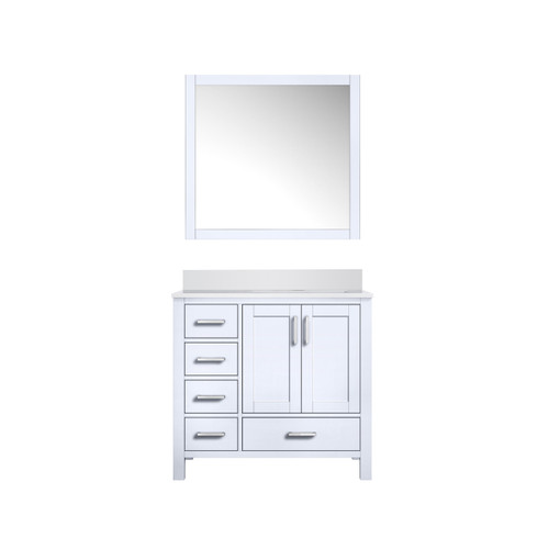 Lexora Jacques 36" White Single Vanity Cabinet, White Quartz Top, White Square Sink and 34" Mirror - Right Version