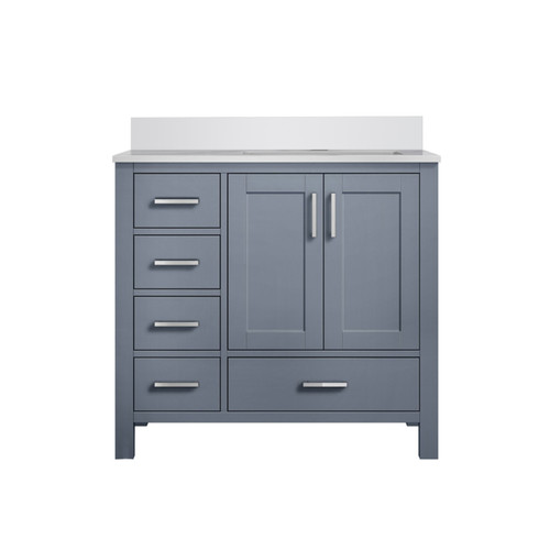 Lexora Jacques 36" Dark Grey Single Vanity Cabinet, White Quartz Top, White Square Sink and no Mirror - Right Version
