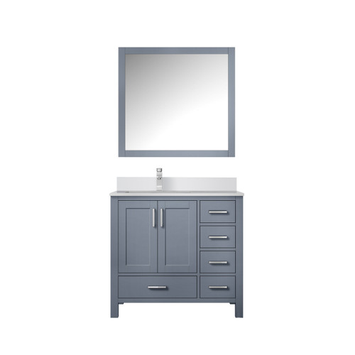 Lexora LJ342236SBWQM34FL Jacques 36" Dark Grey Single Vanity Cabinet, White Quartz Top, White Square Sink and 34" Mirror w/ Faucet - Left Version