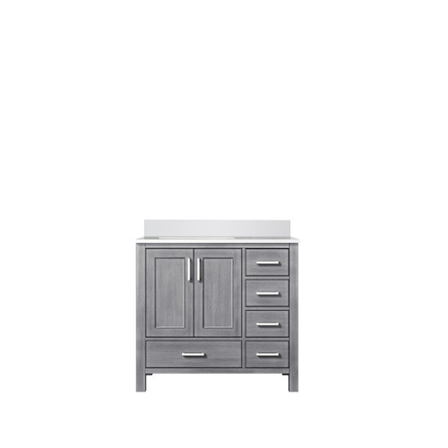 Lexora LJ342236SDWQ000L Jacques 36" Distressed Grey Single Vanity Cabinet, White Quartz Top, White Square Sink and no Mirror - Left Version