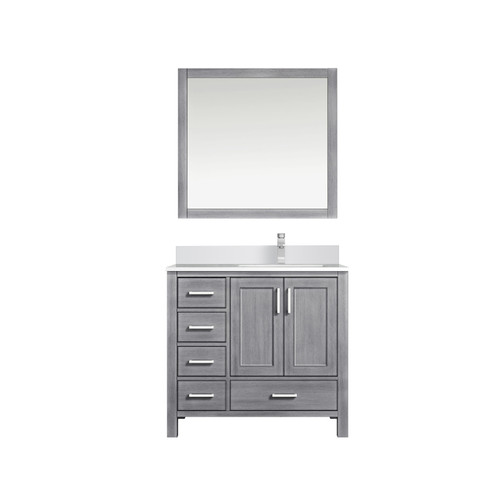 Lexora Jacques 36" Distressed Grey Single Vanity Cabinet, White Quartz Top, White Square Sink and 34" Mirror w/ Faucet - Right Version
