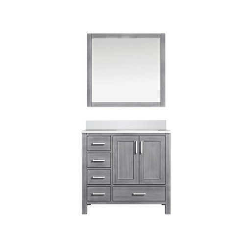 Lexora LJ342236SDWQM34R Jacques 36" Distressed Grey Single Vanity Cabinet, White Quartz Top, White Square Sink and 34" Mirror - Right Version