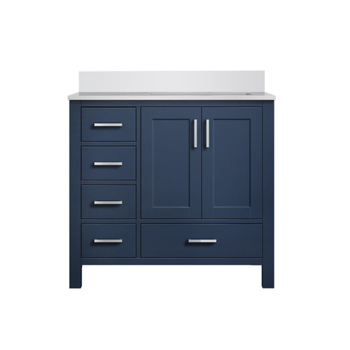Lexora LJ342236SEWQ000R Jacques 36" Navy Blue Single Vanity Cabinet, White Quartz Top, White Square Sink and no Mirror - Right Version