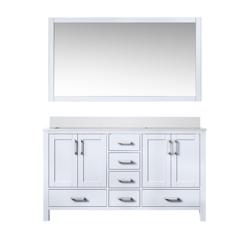 Lexora LJ342260DAWQM58 Jacques 60" White Double Vanity Cabinet, White Quartz Top, White Square Sinks and 58" Mirror