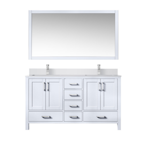 Lexora LJ342260DAWQM58F Jacques 60" White Double Vanity Cabinet, White Quartz Top, White Square Sinks and 58" Mirror w/ Faucets