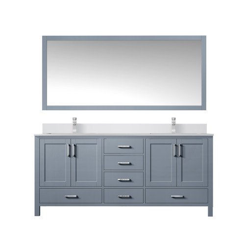 Lexora LJ342260DBWQM58F Jacques 60" Dark Grey Double Vanity Cabinet, White Quartz Top, White Square Sinks and 58" Mirror w/ Faucets