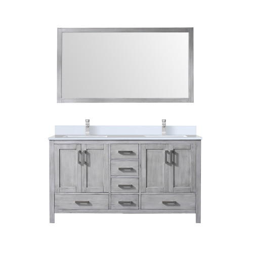 Lexora LJ342260DDWQM58F Jacques 60" Distressed Grey Double Vanity Cabinet, White Quartz Top, White Square Sinks and 58" Mirror w/ Faucets