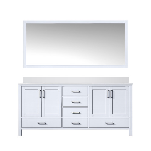 Lexora LJ342272DAWQM70 Jacques 72" White Double Vanity Cabinet, White Quartz Top, White Square Sinks and 70" Mirror