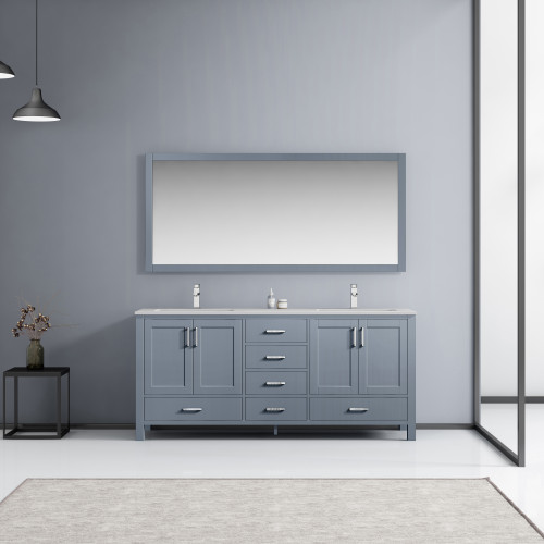 Lexora  LJ342272DBWQM70 Jacques 72" Dark Grey Double Vanity, White Quartz Top, White Square Sinks and 70" Mirror