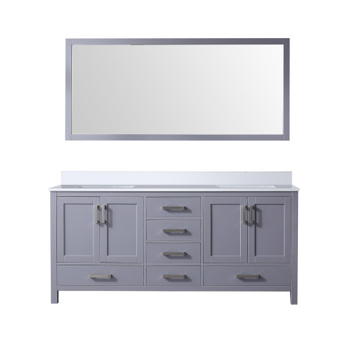 Lexora LJ342272DBWQM70 Jacques 72" Dark Grey Double Vanity Cabinet, White Quartz Top, White Square Sinks and 70" Mirror