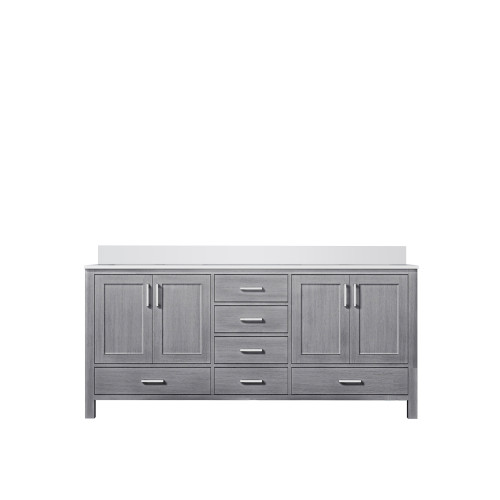 Lexora LJ342272DDWQ000 Jacques 72" Distressed Grey Double Vanity Cabinet, White Quartz Top, White Square Sinks and no Mirror
