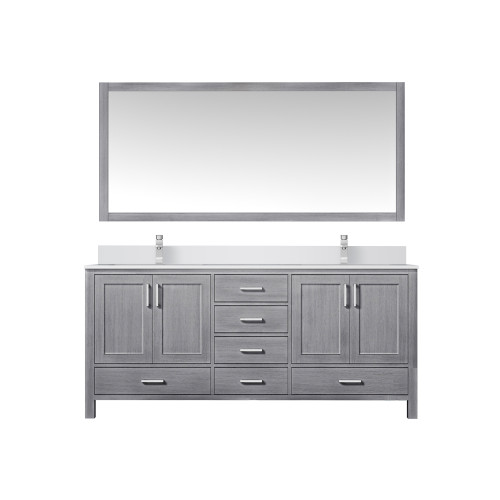 Lexora LJ342272DDWQM70F Jacques 72" Distressed Grey Double Vanity Cabinet, White Quartz Top, White Square Sinks and 70" Mirror w/ Faucets
