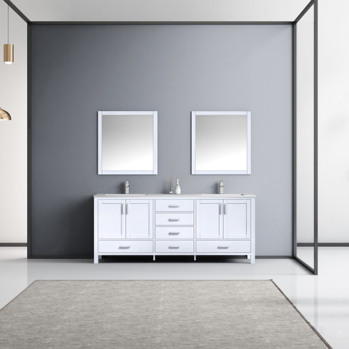 Lexora  LJ342280DAWQM30 Jacques 80" White Double Vanity, White Quartz Top, White Square Sinks and 30" Mirrors