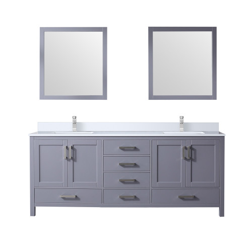 Lexora Jacques 80" Dark Grey Double Vanity Cabinet, White Quartz Top, White Square Sinks and 30" Mirrors w/ Faucets