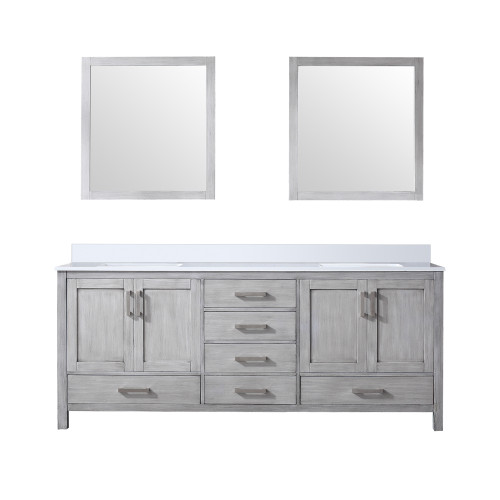 Lexora LJ342280DDWQM30 Jacques 80" Distressed Grey Double Vanity Cabinet, White Quartz Top, White Square Sinks and 30" Mirrors w/ Faucets