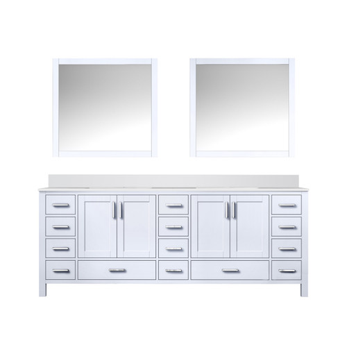 Lexora LJ342284DAWQM34 Jacques 84" White Double Vanity Cabinet, White Quartz Top, White Square Sinks and 34" Mirrors