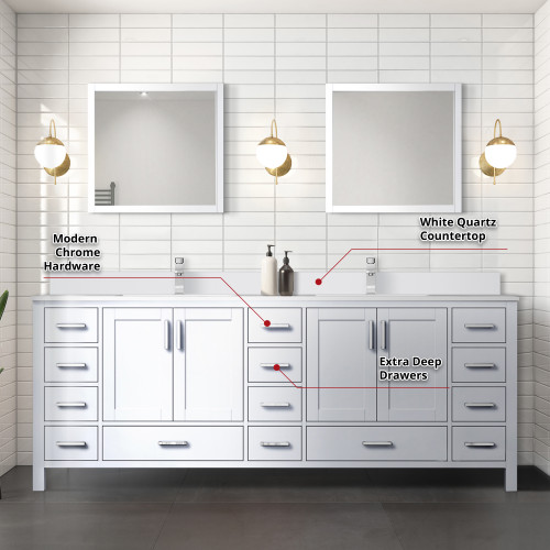 Lexora LJ342284DAWQM34F Jacques 84" White Double Vanity Cabinet, White Quartz Top, White Square Sinks and 34" Mirrors w/ Faucets