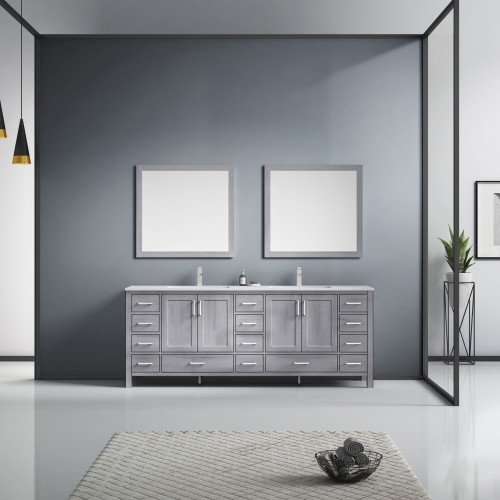 Lexora  LJ342284DDWQM34 Jacques 84" Distressed Grey Double Vanity, White Quartz Top, White Square Sinks and 34" Mirrors