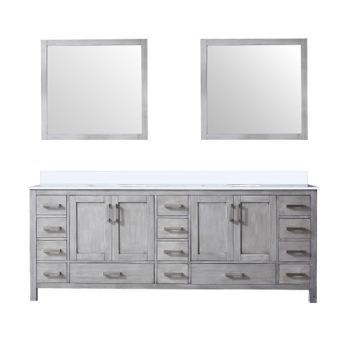 Lexora Jacques 84" Distressed Grey Double Vanity Cabinet, White Quartz Top, White Square Sinks and 34" Mirrors