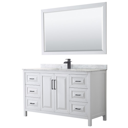 Wyndham WCV252560SWBCMUNSM58 Daria 60 Inch Single Bathroom Vanity in White, White Carrara Marble Countertop, Undermount Square Sink, Matte Black Trim, 58 Inch Mirror
