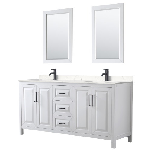 Wyndham WCV252572DWBC2UNSM24 Daria 72 Inch Double Bathroom Vanity in White, Carrara Cultured Marble Countertop, Undermount Square Sinks, Matte Black Trim, 24 Inch Mirrors