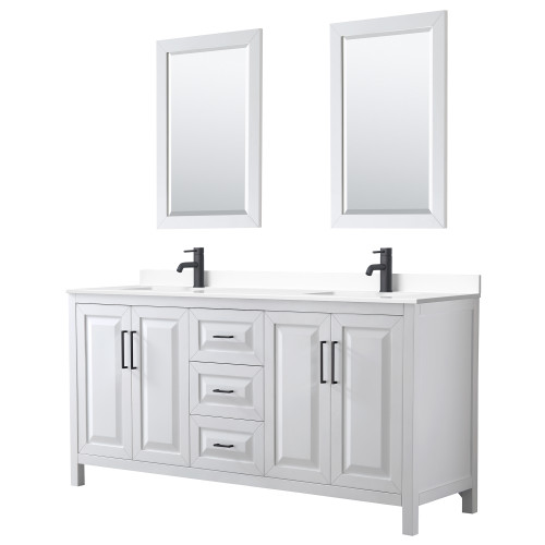 Wyndham WCV252572DWBWCUNSM24 Daria 72 Inch Double Bathroom Vanity in White, White Cultured Marble Countertop, Undermount Square Sinks, Matte Black Trim, 24 Inch Mirrors