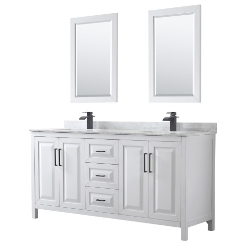 Wyndham WCV252572DWBCMUNSM24 Daria 72 Inch Double Bathroom Vanity in White, White Carrara Marble Countertop, Undermount Square Sinks, Matte Black Trim, 24 Inch Mirrors