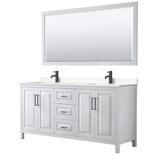 Wyndham WCV252572DWBC2UNSM70 Daria 72 Inch Double Bathroom Vanity in White, Carrara Cultured Marble Countertop, Undermount Square Sinks, Matte Black Trim, 70 Inch Mirror