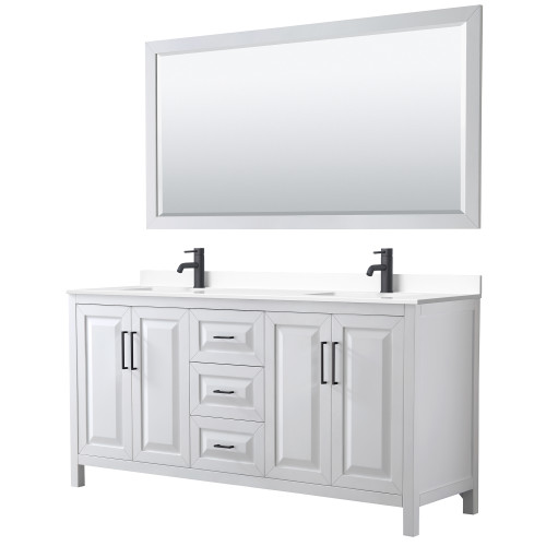 Wyndham WCV252572DWBWCUNSM70 Daria 72 Inch Double Bathroom Vanity in White, White Cultured Marble Countertop, Undermount Square Sinks, Matte Black Trim, 70 Inch Mirror