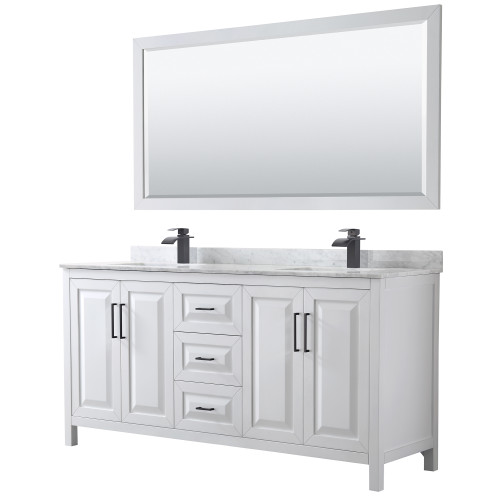 Wyndham WCV252572DWBCMUNSM70 Daria 72 Inch Double Bathroom Vanity in White, White Carrara Marble Countertop, Undermount Square Sinks, Matte Black Trim, 70 Inch Mirror